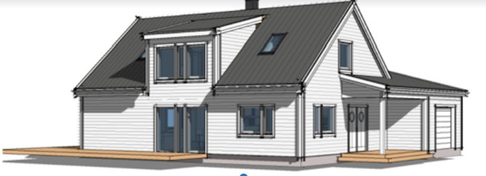 3D-rendering av ett vitt hus med anslutet garage och veranda.