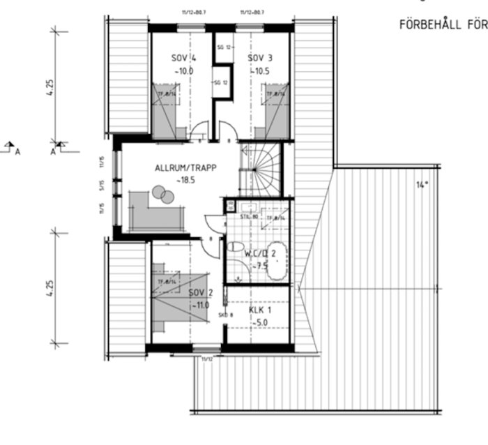 Arkitektritning av ett tvåvåningshus med dimensioner, indelning i rum och möblering.