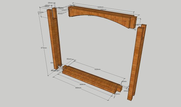 3D-modell av en träfönsterkarm med rundad topp och måttangivelser.