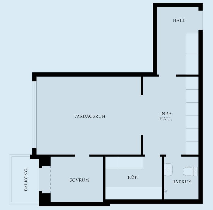 Planlösning för en lägenhet med hall, inre hall, vardagsrum, sovrum, kök, balkong och badrum, överväger ombyggnadsalternativ.