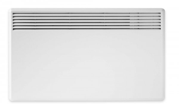 Vit modern vägghängd radiator med frontutsläpp.