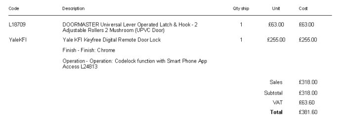 Fakturabild som visar en beställning av Yale Keyfree Digital Remote Door Lock samt en DOORMASTER-regel.