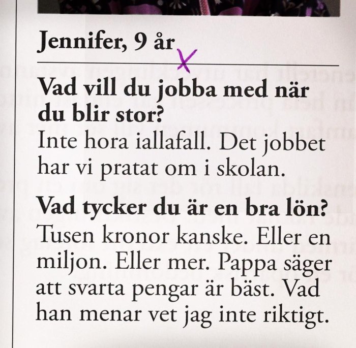 Bild av en textutdrag där ett barn vid namn Jennifer, 9 år, diskuterar framtida jobb och vad en bra lön är.