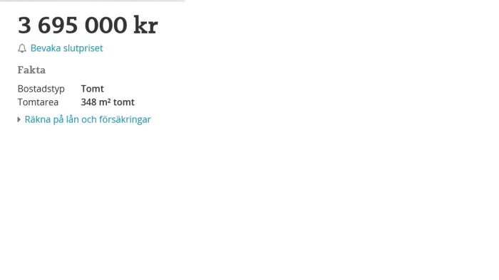 Annonssida som visar pris för en tomt i Stockholm på 3 695 000 kr med fakta om tomtarean på 348 m².