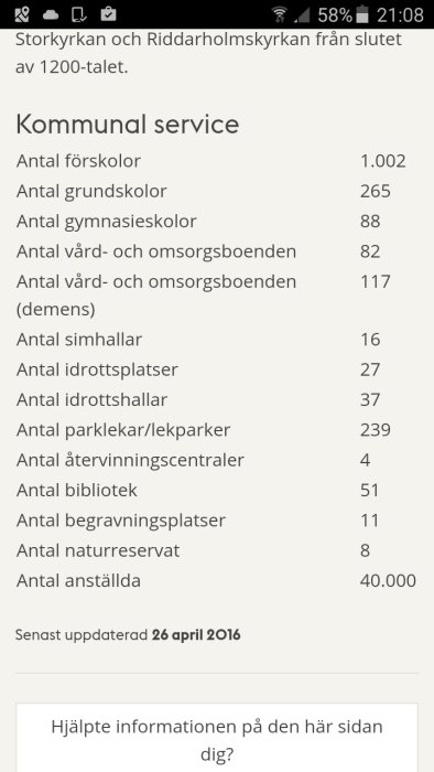 Skärmdump som visar en lista över kommunal service med antal förskolor, skolor, vårdboenden m.m.