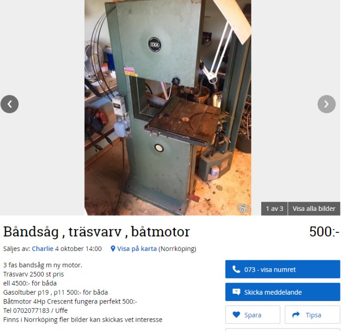 Bandsåg av halvmodern modell, eventuell Ejca BS500, i en verkstad med diverse verktyg i bakgrunden.