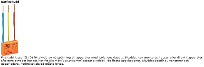 Överspänningsskydd med informationsetikett och anslutna ledningar avbildat mot vit bakgrund.