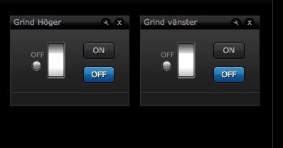 Digitala knappar märkta 'Grind Höger' och 'Grind Vänster' med till/från-lägen i ett hemautomationssystem.