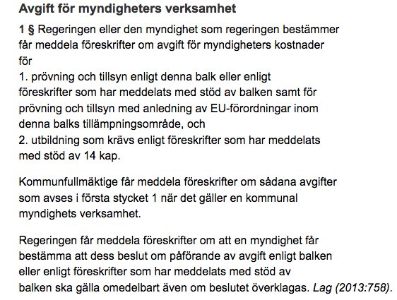 Skärmbild av en text om avgifter för myndigheters verksamhet enligt miljöbalken.