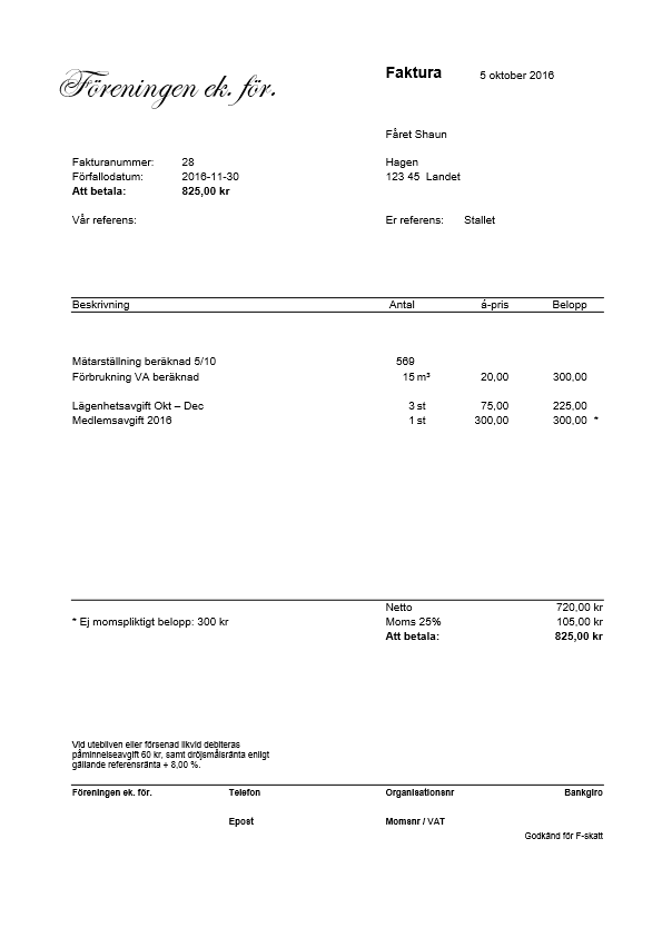 Bild av en faktura från "Föreningen ck för." med detaljer som datum, belopp och beskrivning av tjänster och kostnader.