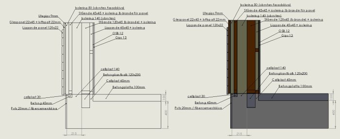 Arkitektoniska ritningar av två väggkonstruktioner med och utan indragen fasadvägg samt detaljerat isoleringsmaterial.