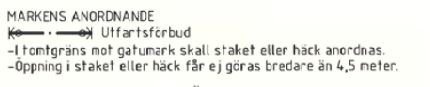 Utdrag ur ett regelverk som anger maxbredd 4,5 meter för öppning i staket mot gata.