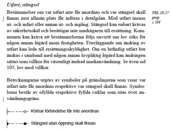 Textutdrag från Boverkets publikation med riktlinjer för utfart och stängsel, inklusive symboler för korfärbindelse och stängsel.