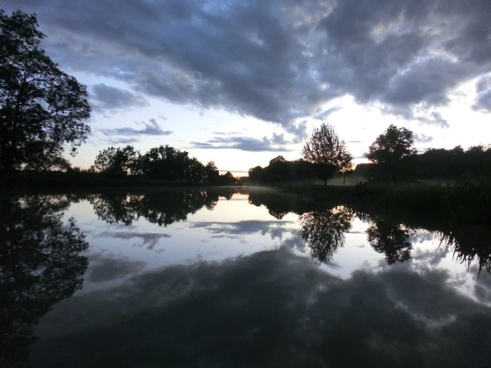Solnedgång över Göta kanal med speglingar av träd och moln i det stilla vattnet.