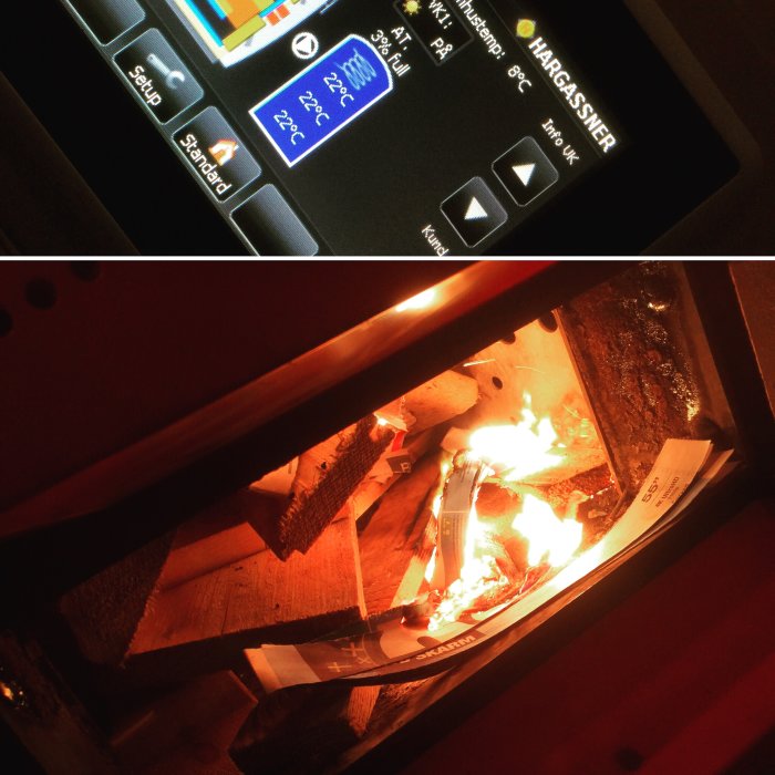 Kontrollpanel för Hargassner värmesystem och eld i vedpanna.