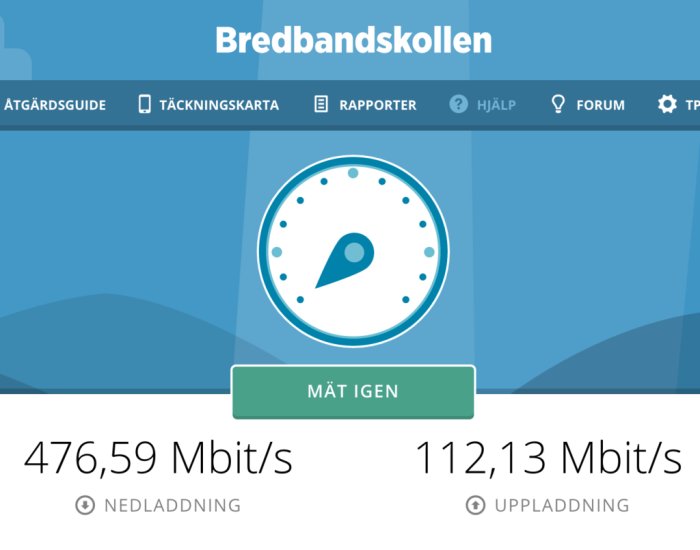 Skärmbild från Bredbandskollen visar hastighetstestresultat med 476,59 Mbit/s nedladdning och 112,13 Mbit/s uppladdning.