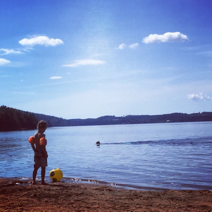 Barn står vid strandkanten med en gul boll, ser ut över en sjö där någon simmar i Tubbared, Härryda.