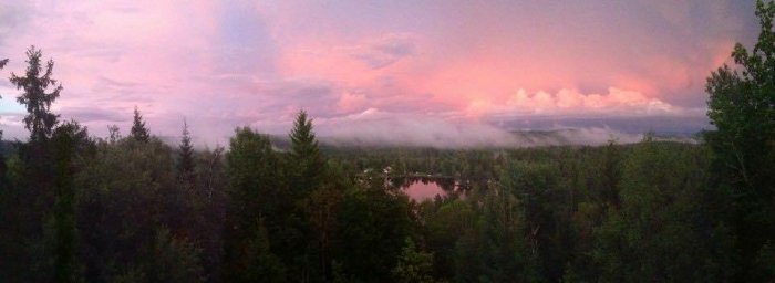 Panoramavy av en skog med en sjö i skymningen under ett dramatiskt rosa-himmel ljusfenomen.