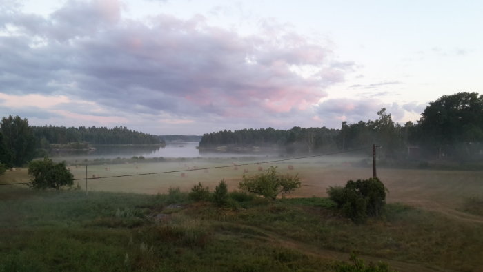 Solljus bryter igenom morgondis över landskap med fält, träd och sjö i bakgrunden.
