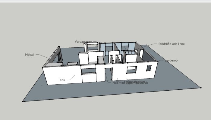 Principskiss i SketchUp av husplan med markerade utrymmen som kök, matsal, vardagsrum och garderob.