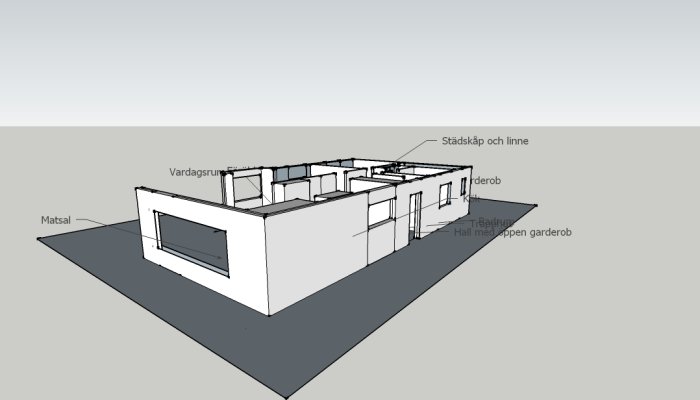 Sketchup-skiss av en husplan med markerade rum såsom vardagsrum, matsal och klädkammare.