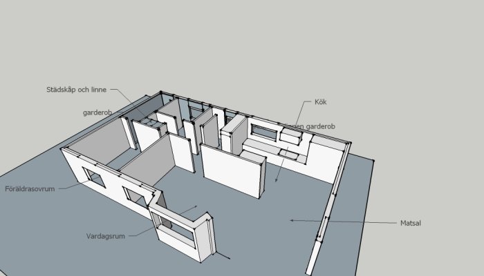 3D-skiss i SketchUp av ett hus med utmärkta rum som kök, matsal och vardagsrum.