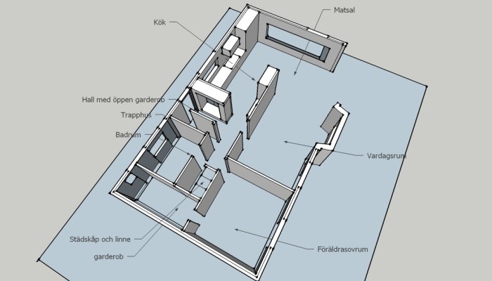 Principskiss i Sketchup av husets planlösning med markerade rum som kök, matsal och vardagsrum.