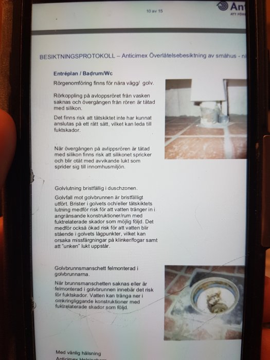 Besiktningsprotokoll på skärm, badrum med rörproblem, risk för vattenskada, fukt, silikonanvändning, bristfälligt golvbrunnsmanschett.