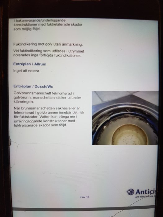 Dokument med text och bild om fuktindikationer och installation, skärmdump från digital enhet.