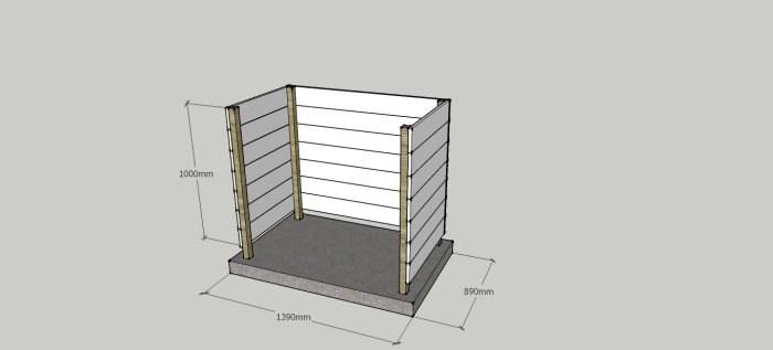 Skiss av ett planerat soptunnebås med måttangivelser på en betongplatta och trästomme.