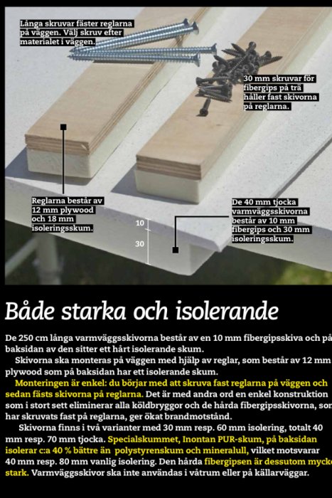 Illustration av isoleringsskivor, skruvar och reglar med mätangivelser och installationsinstruktioner för byggprojekt.