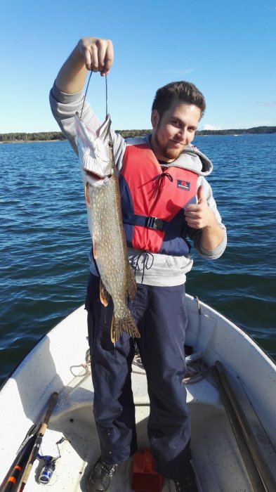 Man i båt håller upp en fångad gädda, tummen upp och fiskespö vid fötterna.