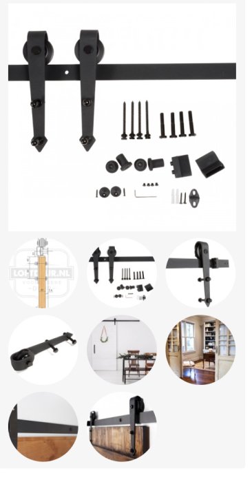 Svart staldörrsbeslag och tillbehör med bilder som visar hur det ser ut när det är installerat på dörrar.