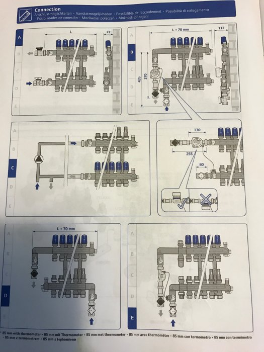 Illustration av olika anslutningsmöjligheter för VVS-komponenter med pilar som visar flödesriktningar och anmärkningar.