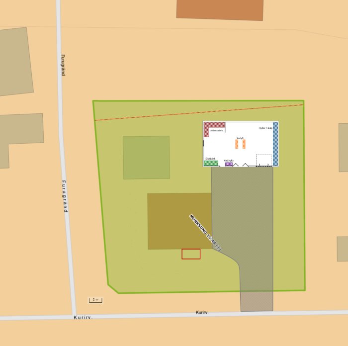Schematisk tomtplan som visar placering av en mätpunkt, garage, sned murrad streckad linje och övriga markområden.