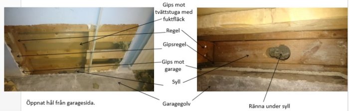 Bild av en öppnad vägg: gipsskiva med märkningar som visar reglar, isolering, och syll ovanför ett garagegolv samt en närbild på en ränna under syllen.