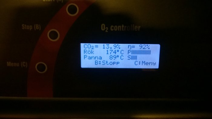 Display på en vedpanna som visar O2-regleringsvärden och pannans temperatur.