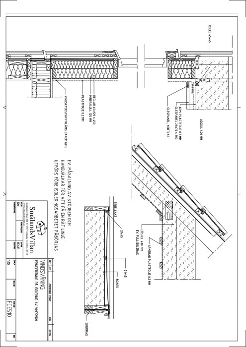 Ritning som visar användning av armerad isolering i ett snedtak samt väggdetaljer i en byggnad.
