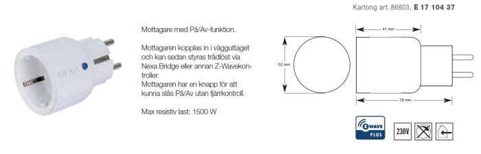 Nexa trådlös mottagare med måttangivelser, max 1500W resistiv last och Z-Wave Plus märkning.