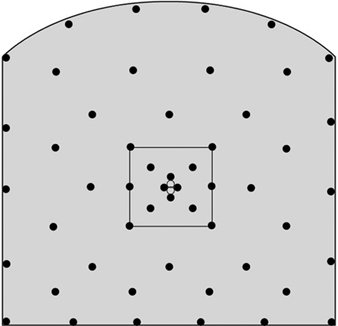 Diagram över borrningsmönster i berg med centralt rymda hål för sprängning.