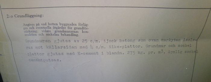 Gammalt dokument med text om grundläggning från 1940-talet.