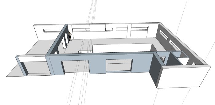 3D-skiss av ett poolhus med stor pool, betongsuggor och plats för nya treglasfönster.