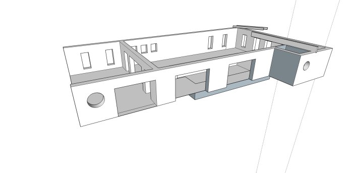 Skiss i Sketchup av en poolbyggnad med stora fönsteröppningar och planerat för belysning.