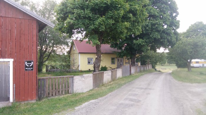 Ett gult lantligt hus med rött tak och gröna fönsterluckor, intill en grusväg med omgivande grönska och en röd ladugård.