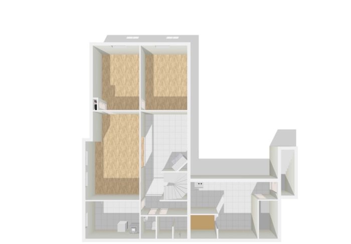 3D-ritning av en lägenhetsplan med översikt över kök, vardagsrum, sovrum och badrum.