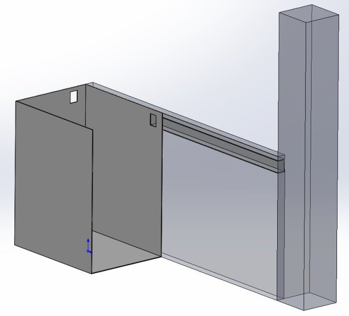 3D-ritning av en vägg med tilluftsventil och frånluftskanal kopplad till murstock.