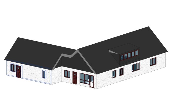 3D-modell av ett vitputsat hus med mörkt sadeltak, visar befintlig balkong och potentiell plats för ny yttervägg.