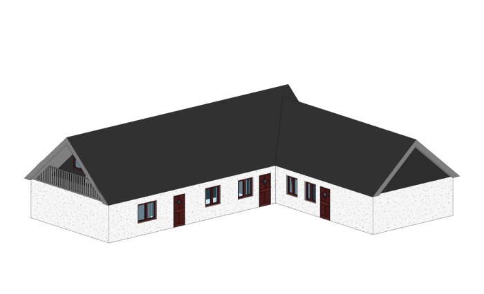 3D-modell av ett hus med vit fasad, svart tak, röda fönsterluckor och en balkong.