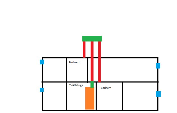 Förenklad skiss av husplan som visar rördragning för frånluftsvärmepump med röda och gröna linjer.