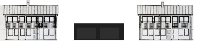 Skiss av två intilliggande sutterängvillor med förslag på enkelgarage ihopbyggda med husen.